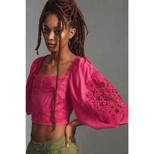 Farm Rio Cropped Lace Blouse Womens Large Pink Blouson Sleeve Embroidered